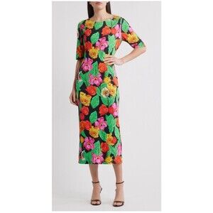 New Tulip Floral Rosette Jersey Midi Dress Sz 2 Xs